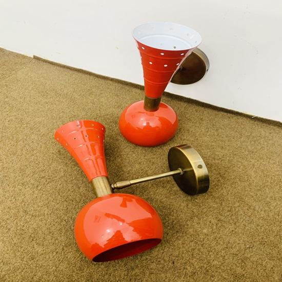 Shiny Red Wall Sconce Pair 1950s Mid Century Brass Italian Diabolo Wall Sconce Light Fixture 2 Bulb Pair