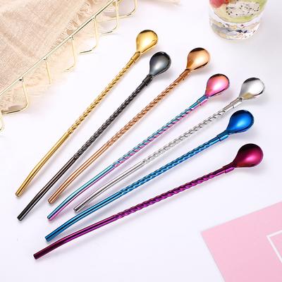 Colher de Palha Portátil Dourada Colher de Chá Palitos Coloridos de Aço Inoxidável Reutilizáveis Mexedor Longo Torcido para Cocktail Café