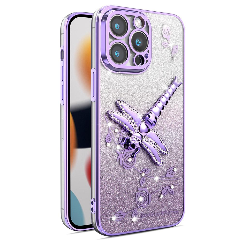 For iPhone 13 Pro Case Dragonfly Kickstand TPU Flowers Glitter Phone Cover