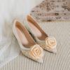Fashion Famous   Flower Women Pumps Pointed Toe Sequines Cloth High Heels Shoes Pearl Beading Floral Party Pumps Shoes Big Size 43