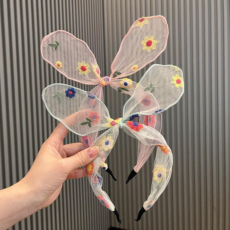 

Girls Daisy Embroidered Summer Bow Mesh Headband