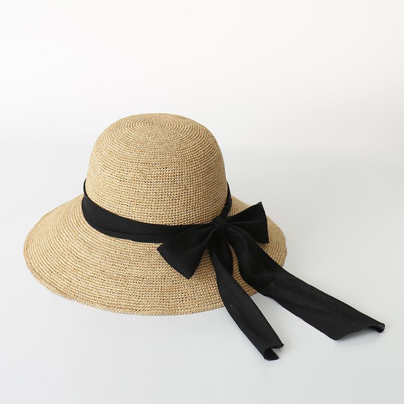Summer new fashion foldable hand-woven raffia big eaves hat bow streamer beach sunshade raffia straw hat