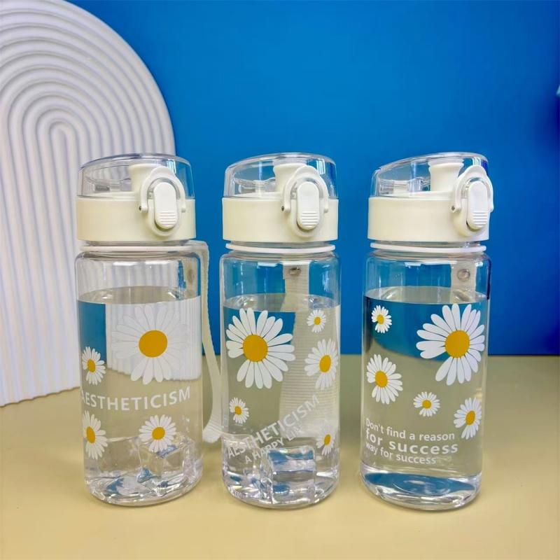 400ml Small Daisy Plastic Water Bottles Creative Drink Kawaii Sports Transparent Water Bottle with Portable Travel Tea Cup