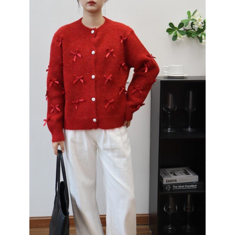 

Вязаный кардиган с бантом женский осенне-зимний новый свободный дизайн нежный стиль шикарный свитер-жакет one size fits all красный