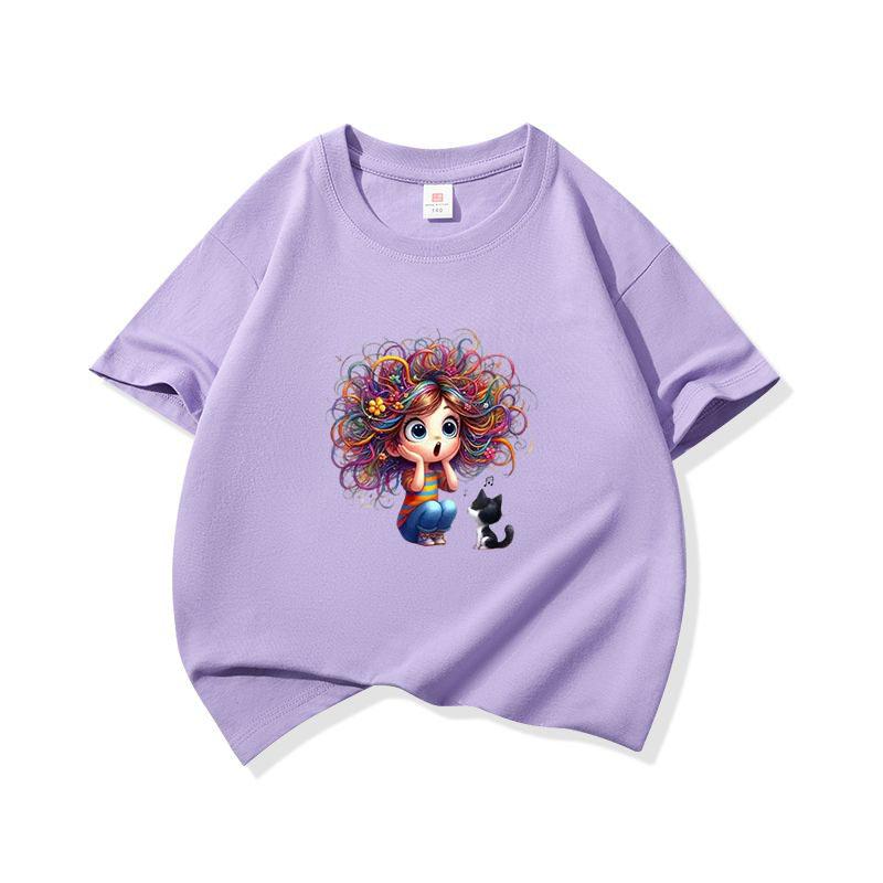 Kids Cotton T Shirt Surprised Colorful Hair Girl And Black Cat Print Crew Neck Short Sleeve Tee Casual Boys Girls Summer Tops