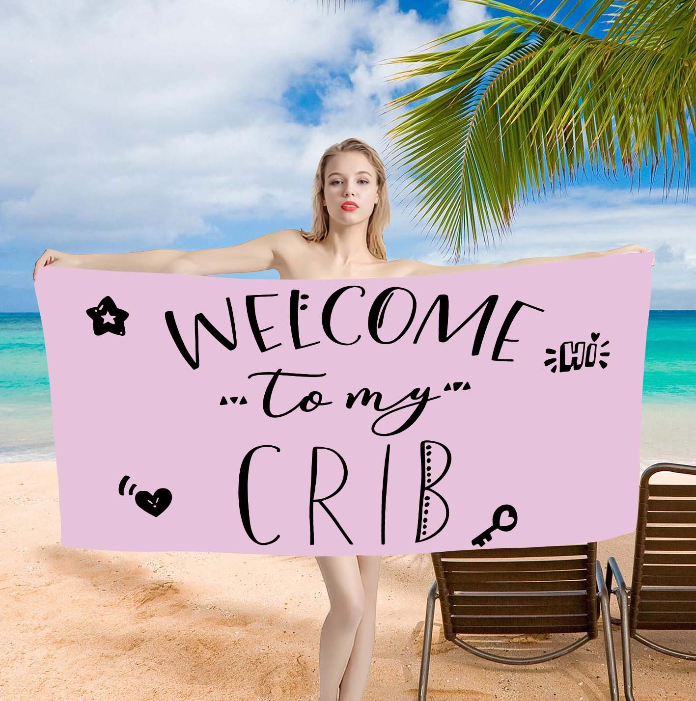 

Funny Towel Welcome to My Crib Single-sided Printed One Piece Bath Towel 75x150cm Bathroom Shower Washcloth Home W40*H60(CM)