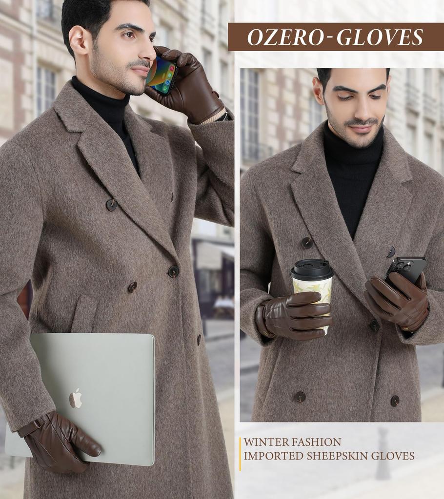 OZERO Winter Smartphone Genuine Leather Fleece Lining M Men's Gloves, Compatible, (Goat Leather), (Wool), Windproof, Water-Repellent, Black/Brown, M,