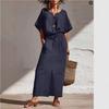 Women V Neck Short Sleeve Maxi Dress with Elastic Waist and Front Slit Casual Loose Fit Summer Dress
