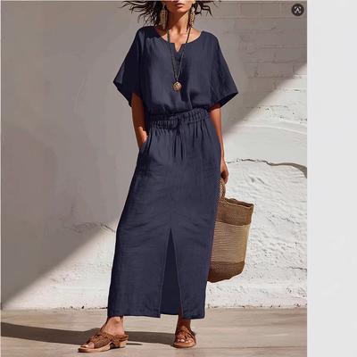 Women V Neck Short Sleeve Maxi Dress with Elastic Waist and Front Slit Casual Loose Fit Summer Dress