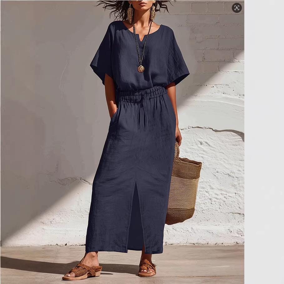 Women V Neck Short Sleeve Maxi Dress with Elastic Waist and Front Slit Casual Loose Fit Summer Dress