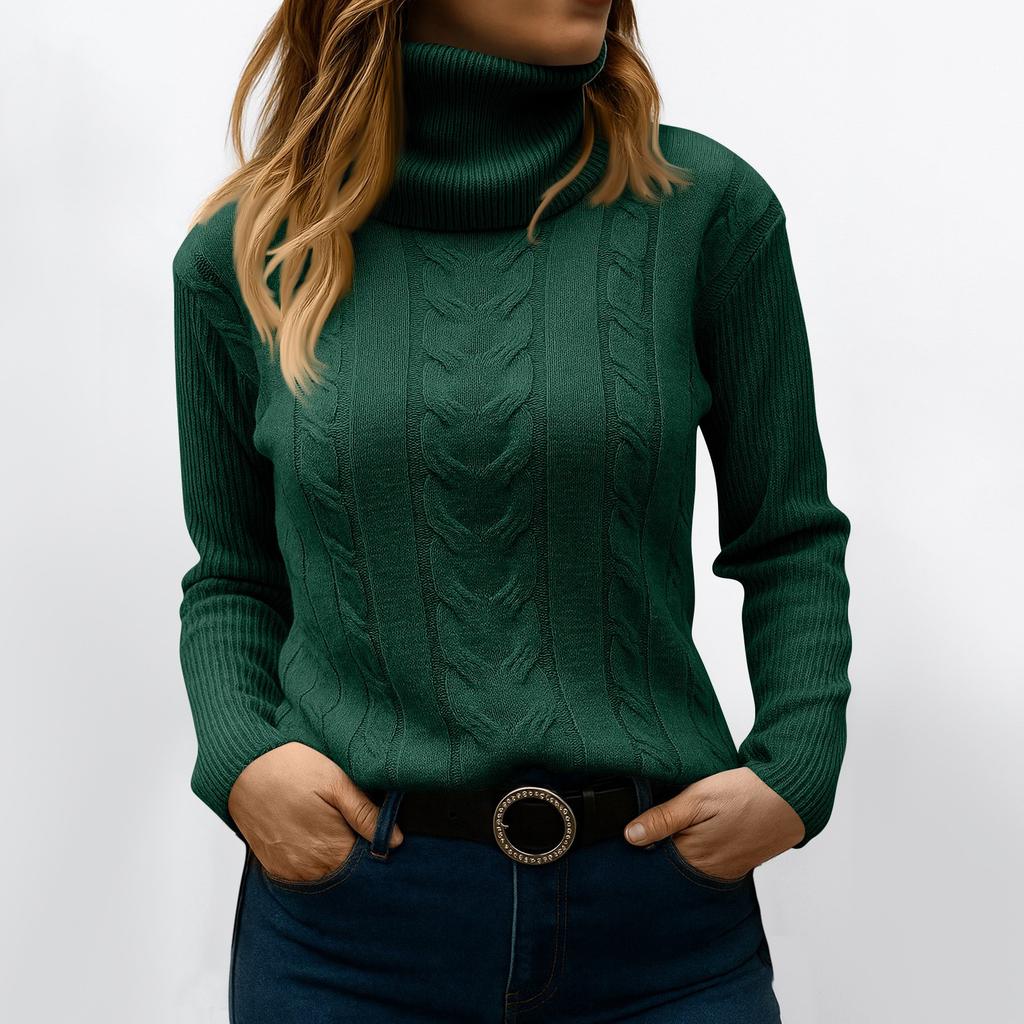 Women's Fashionable Solid Color High Neck Long Sleeved Sweater Pullover Sweater Top