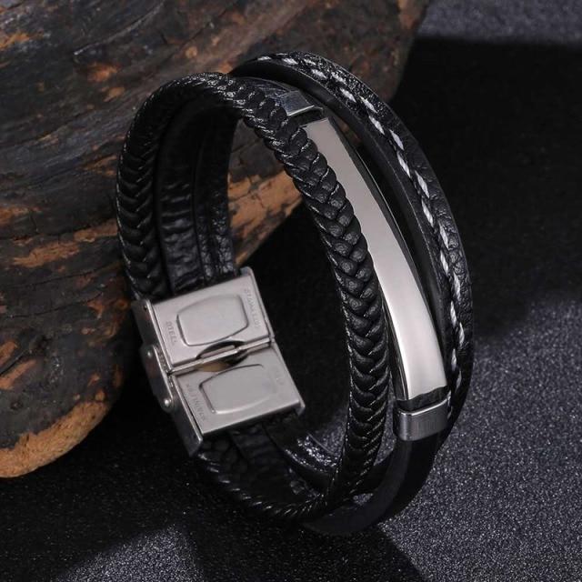 New Trendy Leather Bracelet Men Stainless Steel Handmade Bangles Male Wristband Charm Hand Jewelry Boyfriend Husband Gift Sp1037