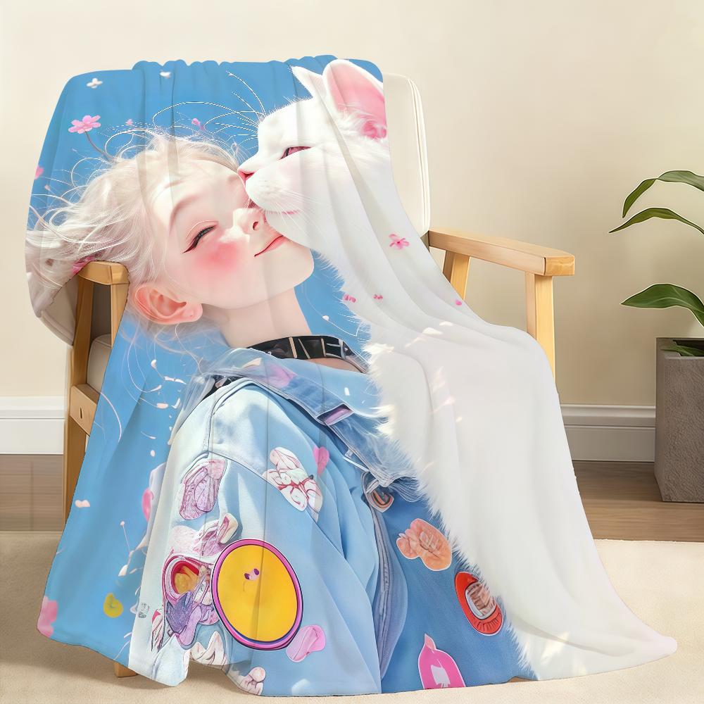 

Cute Girl White Cat Cartoon Blanket For Soft Throw Blanket for Picnic Bed Sofa Home Bedroom Cozy Warm Comfortable 75x90cm