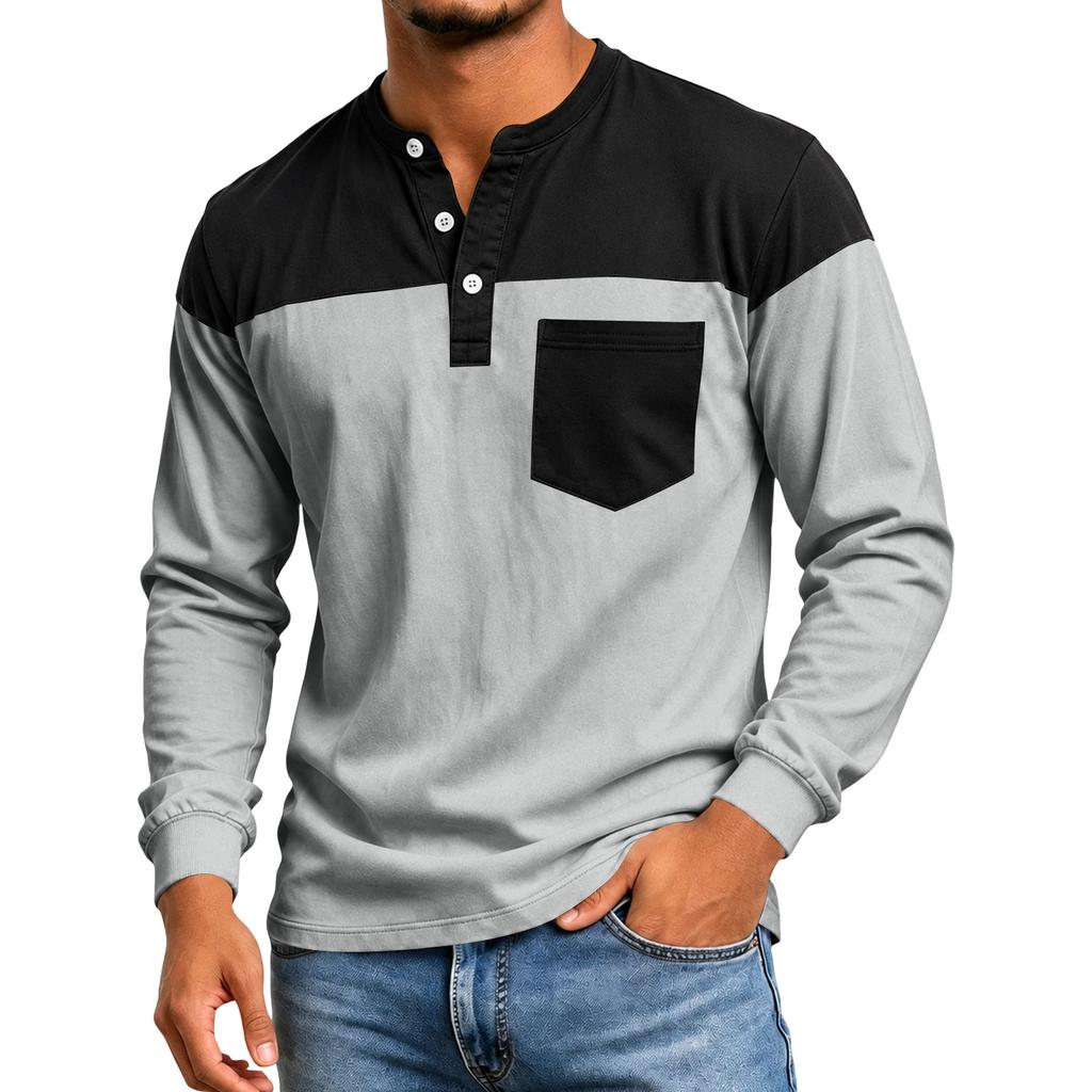 Men's Color Block Long Sleeve Shirt Casual Top for Spring and Fall