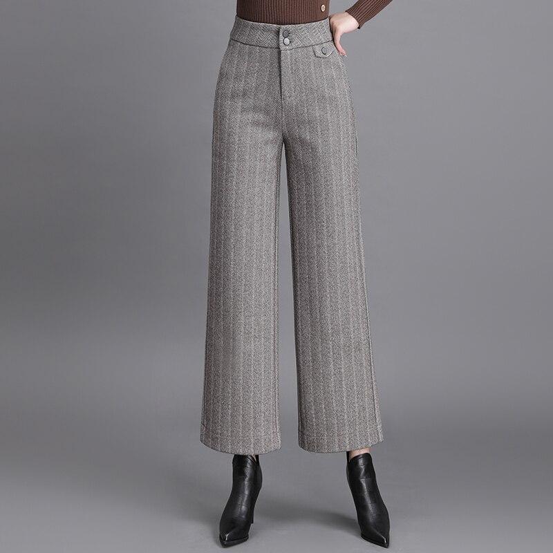 Autumn Winter Korean stytle Thickened WarmWool Wide Leg Pants Womens Fashion Striped High Waist Loose Straight Casual Trousers