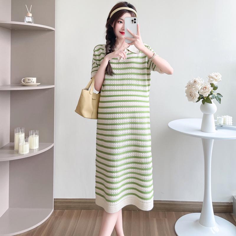 2026 Summer Knit Striped V-Neck Mid-Length Maternity Dress Extra Large