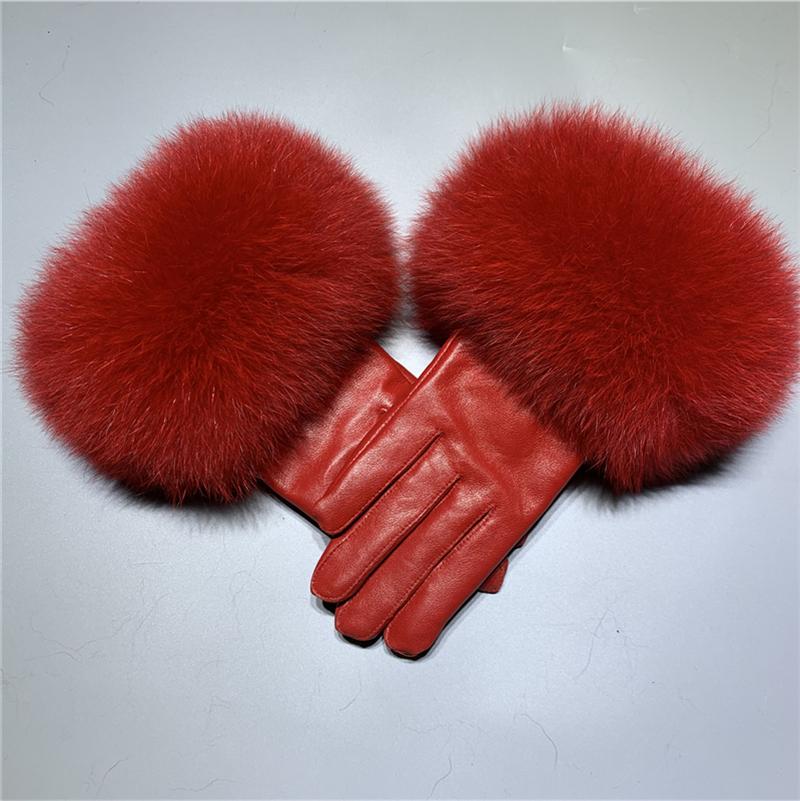 Jxwatcher Winter Women Warm Genuine Sheepskin Gloves Luxury Fur Trim Full Finger Fashion Leather Gloves