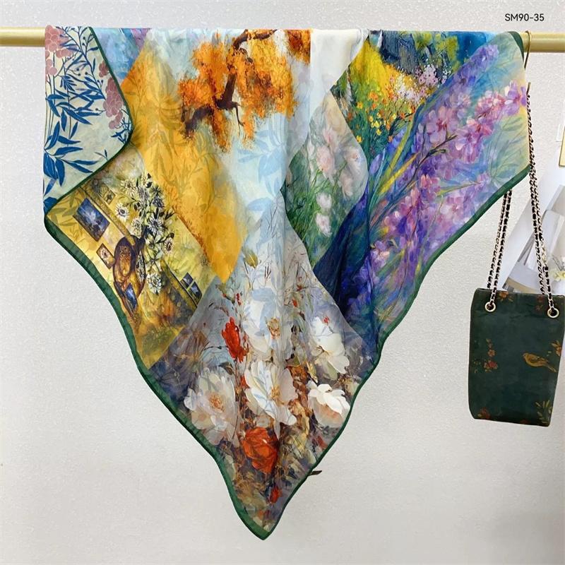 Double-Sided Faux Silk And Wool Printed Scarf For Women Spring And Autumn 90Cm Square Scarf Foulard Bandana Femmel Headscarf
