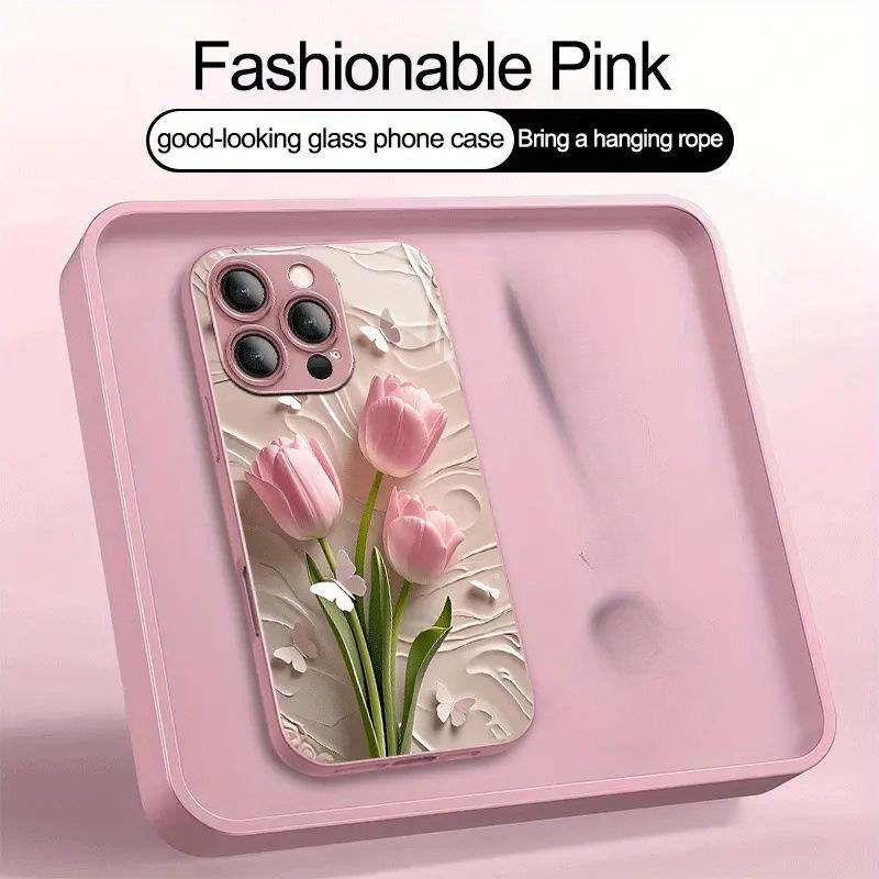 Gentle Wind Powder Tulip Mobile Phone Case iPhone14/15ProMax Light and Thin Bare Metal Feel Protective Case