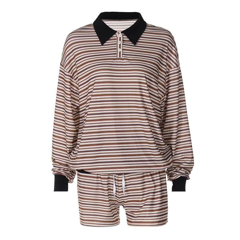 

Комплекты с короткими брюками в полоску для женщин, повседневные толстовки с воротником-поло, контрастные толстовки с завязками, свободные женские весенние наряды L коричневый