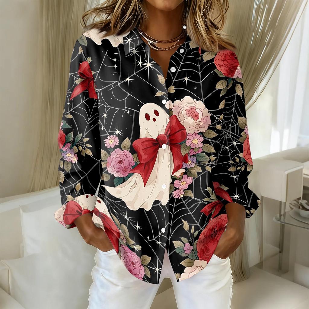 Women's Halloween Print Button Down Shirt Long Sleeve Casual Regular Fit Collared Blouse Top for Everyday Wear