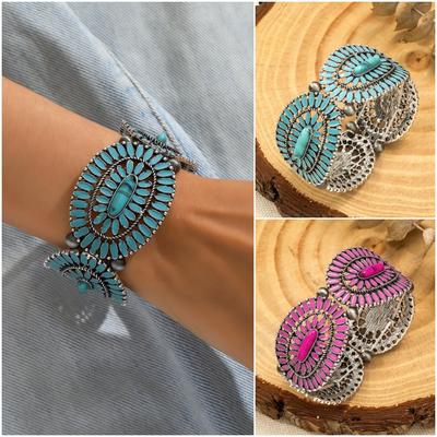Sınır Ötesi Kişiselleştirilmiş Moda Retro Geometrik Oyma Bohem Etnik Tarz Turkuaz Elastik Bileklik Kadınlar İçin