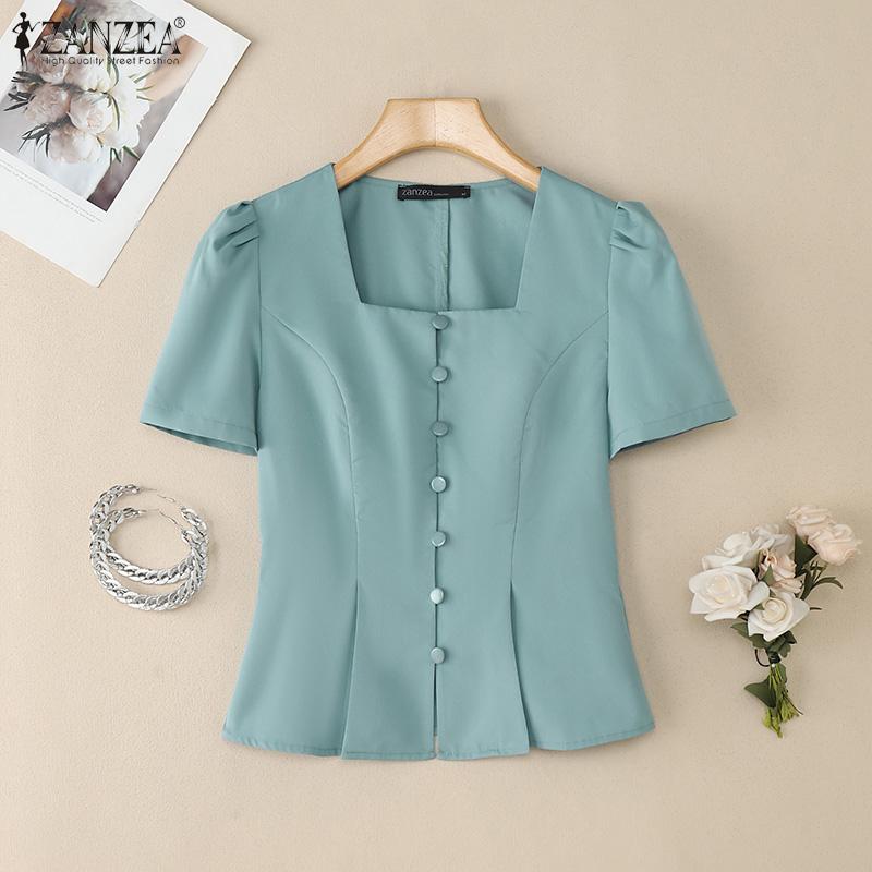 ZANZEA Women Summer Square Collar Casual Short Sleeve Slim Blouse
