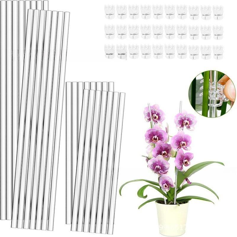 Piquets de Support pour Plantes en Acrylique Transparent de 40 cm avec Pinces Tiges de Support pour Fleurs Réutilisables Piquets de Fixation pour Tige Unique d'Orchidée ou Tige de Tomate