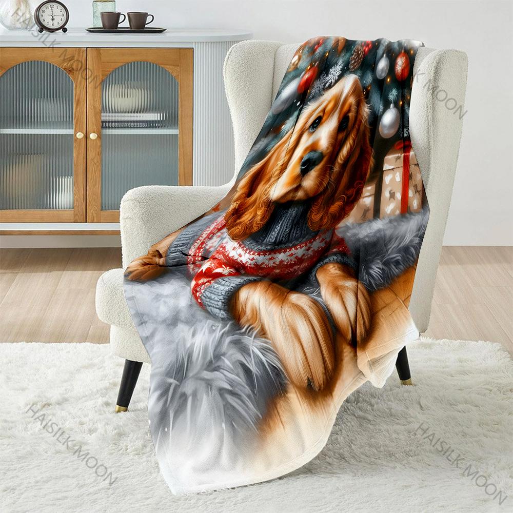 1PC Christmas Themed Cocker Spaniel Print Blanket Flannel Material Soft Warm for All Seasons, Home Outdoor Camping Picnics