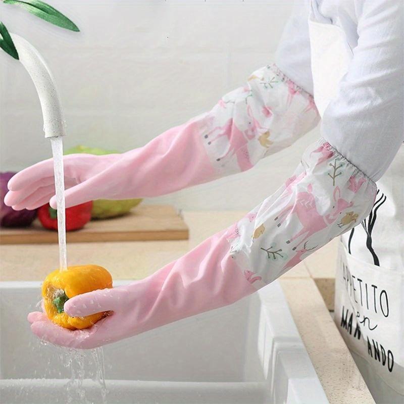 Dishwashing Gloves Household Chore Splicing Sleeve Waterproof Gloves Plush Elastic Band Mouth Rubber Gloves