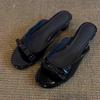 Fashion New Women's Summer Patent Leather Butterfly-knot Slippers Street Style Square Toe Dress Shoes Outdoor Ladies Thick Heel Slides
