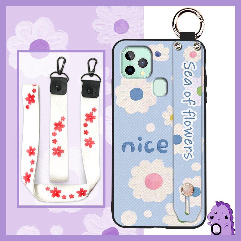 Anti-knock Flower Phone Case For Oukitel C22 Ring Back Cover Dirt-resistant Fashion Design Silicone Wrist Strap Lanyard