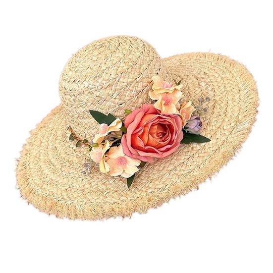 Women Straw Hat Imitation Flower Decor Wide Brim Sun Protection Hat Lightweight Quick-Drying Summer Sun Hat