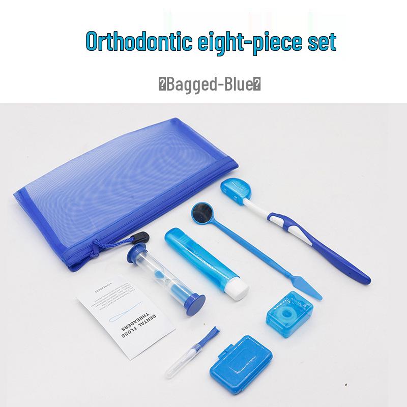 Set de 8 piese pentru îngrijire ortodontică: Ceară, Periuță de dinți, Ață dentară, Oglindă orală, Logo personalizabil
