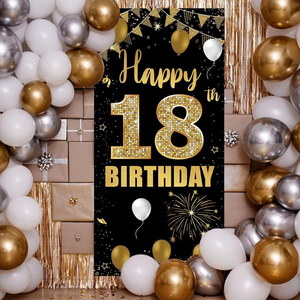 18th Birthday Door Banner Backdrop, Happy 18th Birthday Decorations for Girls Boys Black Gold, 18 Years Old Birthday Party Photo Props Yard Sign for