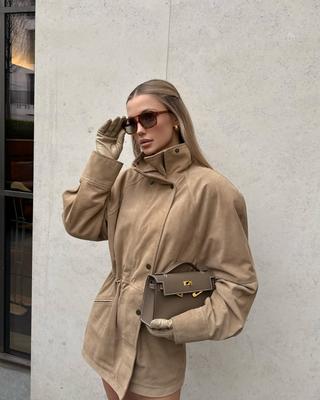 Ladies' Waist Cinched Stand Up Collar Jacket Women's Mid Length Jacket Women's Cotton Jacket Skirt Fashion Style Autumn