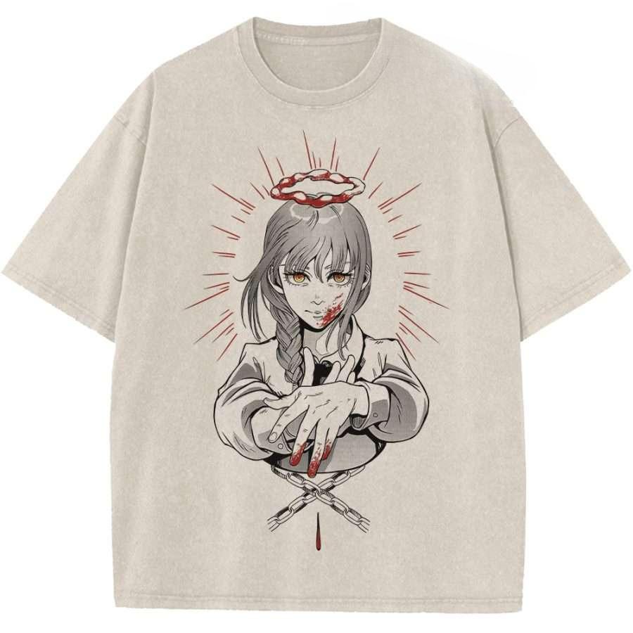 

Chainsaw Man Makima Graphic T Shirt Men Women Short Sleeve Clothing Casual Cotton Tshirt Vintage Washed T-shirt Harajuku Tops XXL бежевый