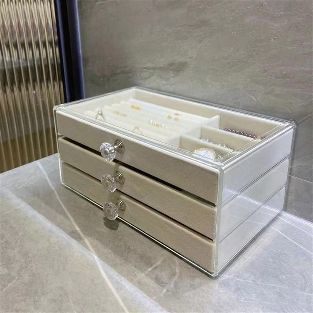 Elegante Aufbewahrungsbox für Ohrringe, Halsketten, Armbänder, Schmuckhalter mit Glasabdeckung und 3 Schubladen, Zubehörhalter