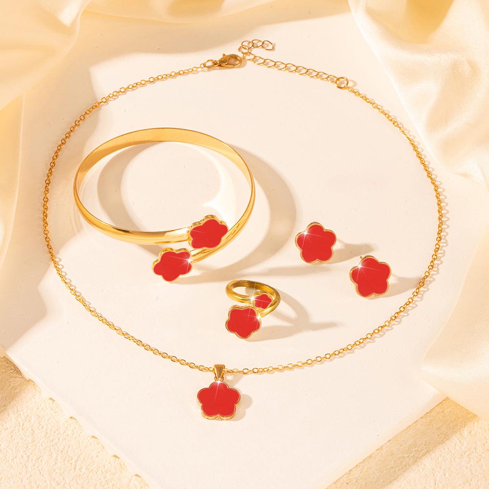 1 Pair Stud Earrings +1 Pc Necklace +1 Pc Bracelet +1 PcBangle +1 Pc Ring With Lucky Flower Design Alloy Zircon SetTrendy