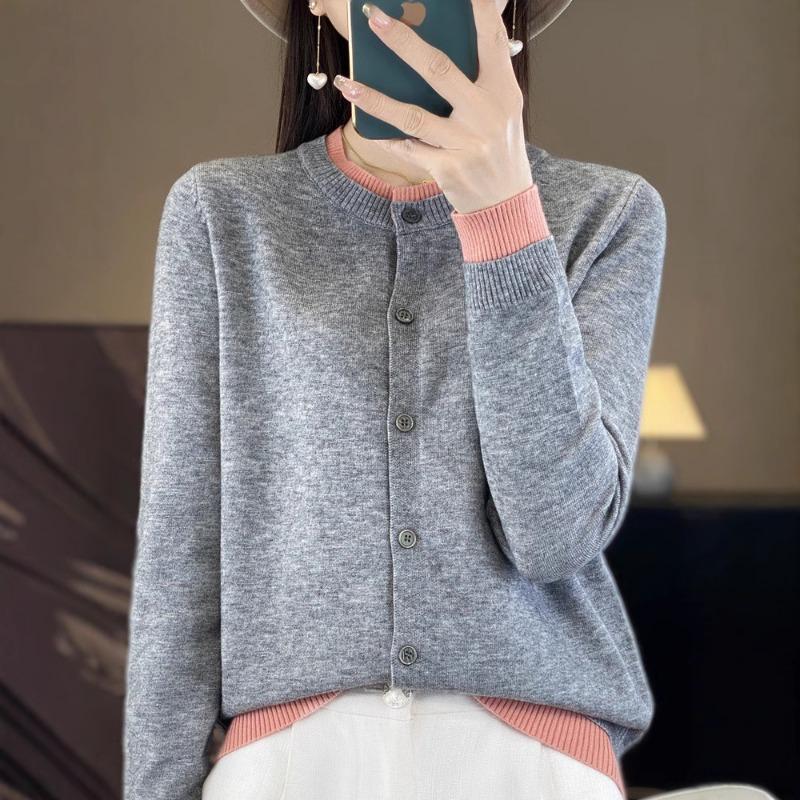 Fake two gray soft waxy knitted sweater women's spring and autumn high-end temperament casual versatile button cardigan jacket