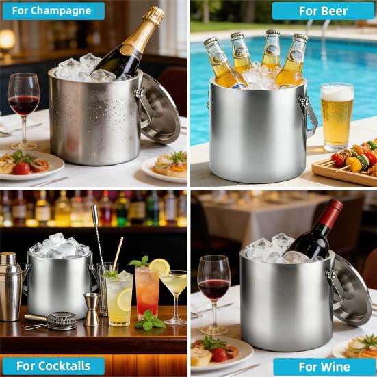 Stainless Steel Ice Bucket with Lid And Tongs 2/3L Large Capacity Double Wall Insulated Ice Bucket for Parties Wine Champagne Cocktails Home Bar