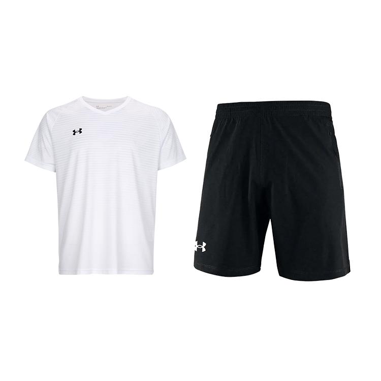 Under Armour Training Running Striped Short Sleeve Versatile Simple Shorts 2 Piece Fitness Set Men Sets 25500519-100+22500214-001