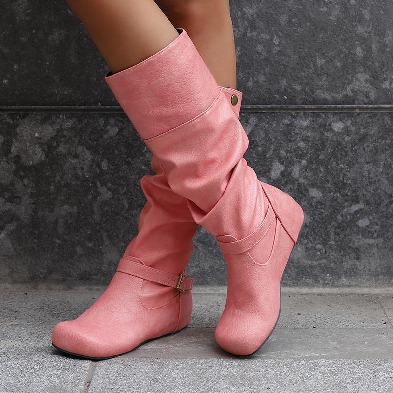 Women's flat-bottomed casual boots autumn and winter new inner height increase solid color large size medium boots