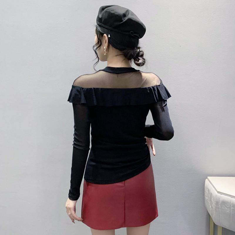 Spring Autumn Long-Sleeved Women's T-shirt Fashion Shiny Ruffles Diamonds Tops Femme Sexy Perspective Mesh Tees Clothes