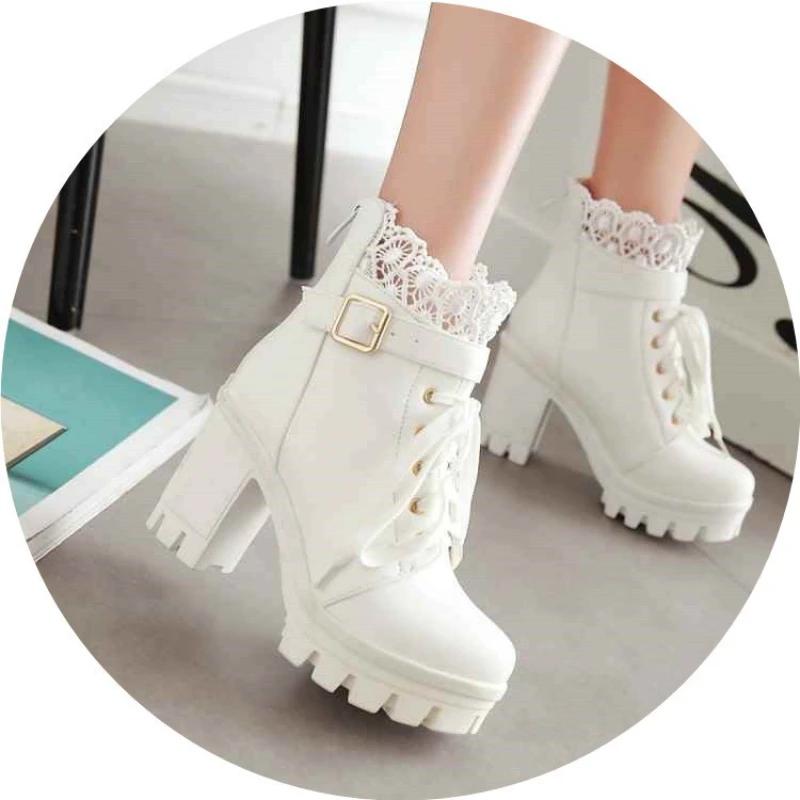 Fashion Quality Women Boots Lace Block High Heels for Woemn Platform Boots Lace Up Bow Lady Ankle Boot and Comfy Walking Boots 2025 New