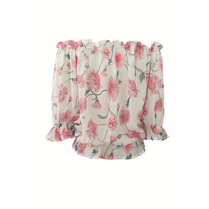 Sommer Bootausschnitt Bedrucktes Chiffon-Hemd Halbtransparent Dünnes Laternenärmel Top für Damen