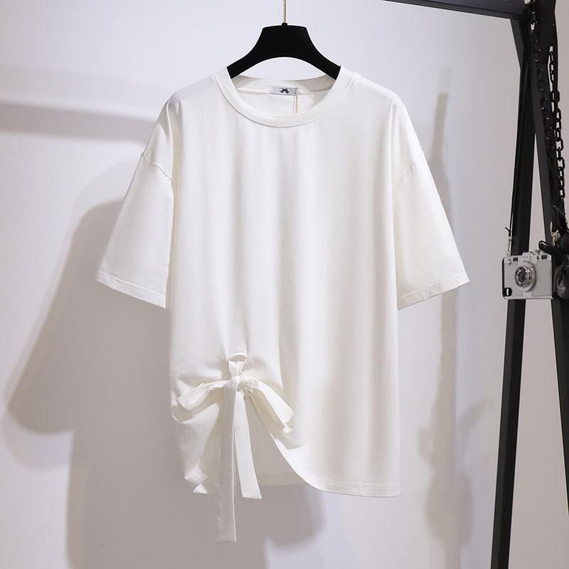 Plus Size Lace-Up Bow T-Shirt for Women - 2024 Summer Slimming Casual Top