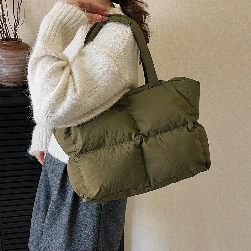 Autumn/Winter Plaid Nylon Padded Tote: Casual, Versatile, Large Capacity Shoulder Handbag
