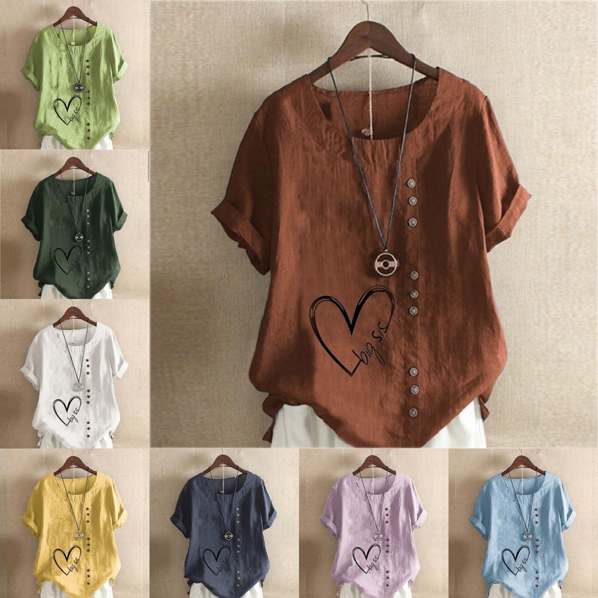 

Women s Fashion Big Sis Heart Prined Round Neck Short Sleeve T-shirt Casual Cotton Linen Graphic Shirt Leisure Loose Summer Blouse Tops