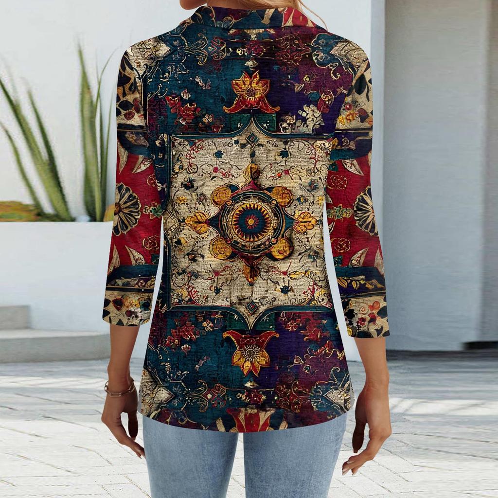 Women's Fashion Casual Lapel Short 3/4 Sleeve Print Shirt Women's Button Up Tops